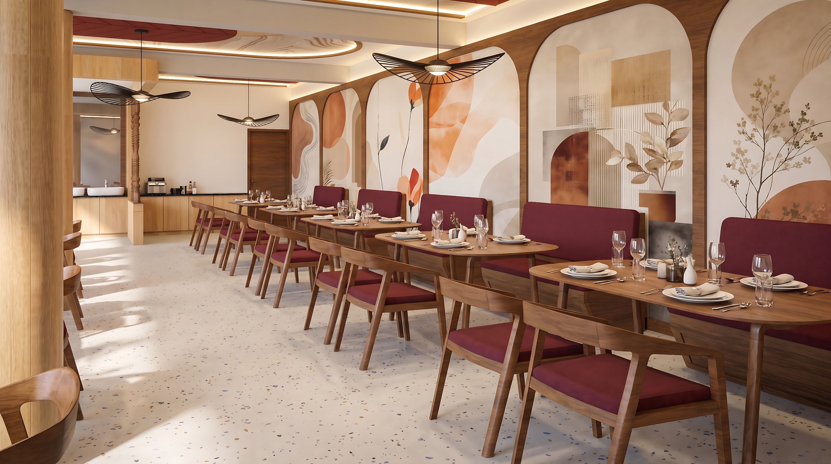 Booth seating along the arches